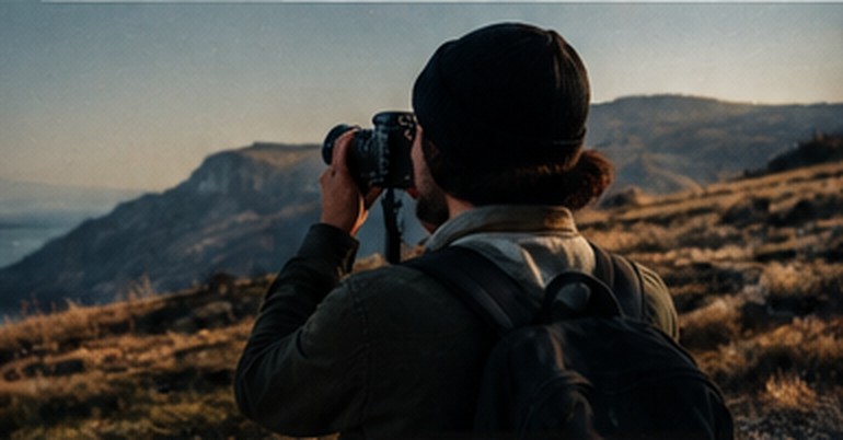 Photographe utilisant un appareil argentique face à un paysage de montagne
